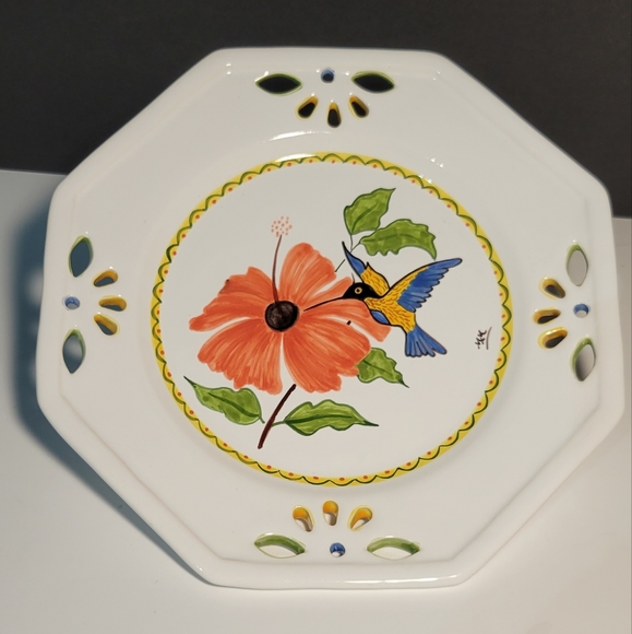 Octagon Hand Painted Decorative Plate Ceramic Hummingbird Marie Moire - Picture 1 of 8